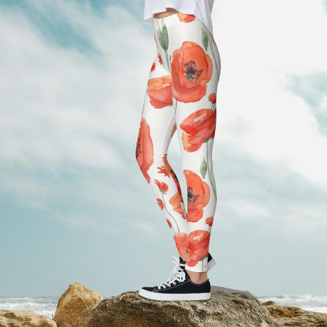 Leggings Cute Art Rouge Blanc Poppy Gras Aquarelle Florale (Créateur téléchargé)