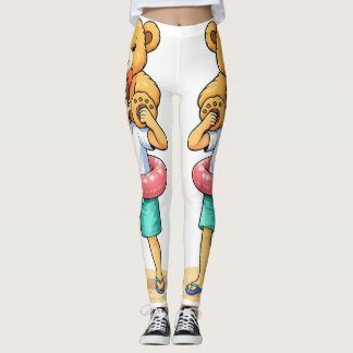 Leggings Cute Cartoon Man with Giant Teddy Bear Summer Fun