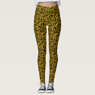Leggings Cute noir doré motifs floraux sans couture Coque-M