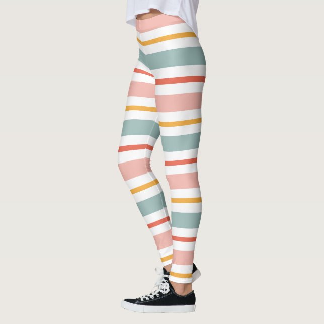 Leggings Cute Pastel Horizontal Stripes Boho Pink Teal Yell (Gauche)