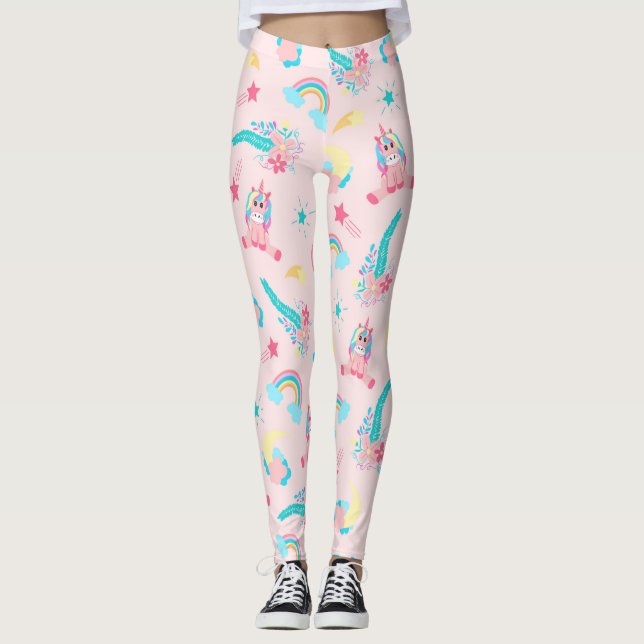 Leggings Cute Pink Teal Unicorn Rainbow (Devant)
