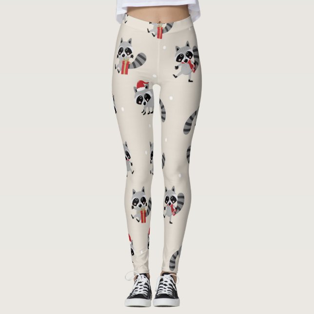 Leggings Cute Raccoon Motif de Noël (Devant)
