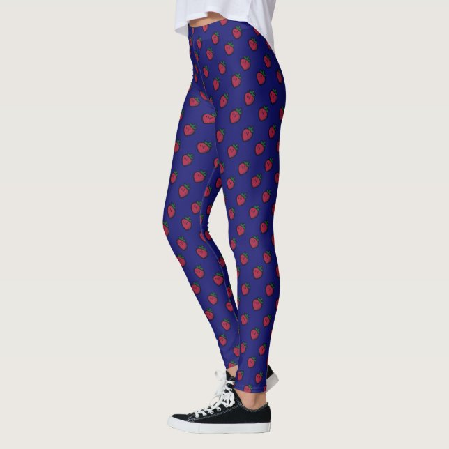 Leggings Cute Red Strawberry Polka Dot on Dark Blue (Gauche)