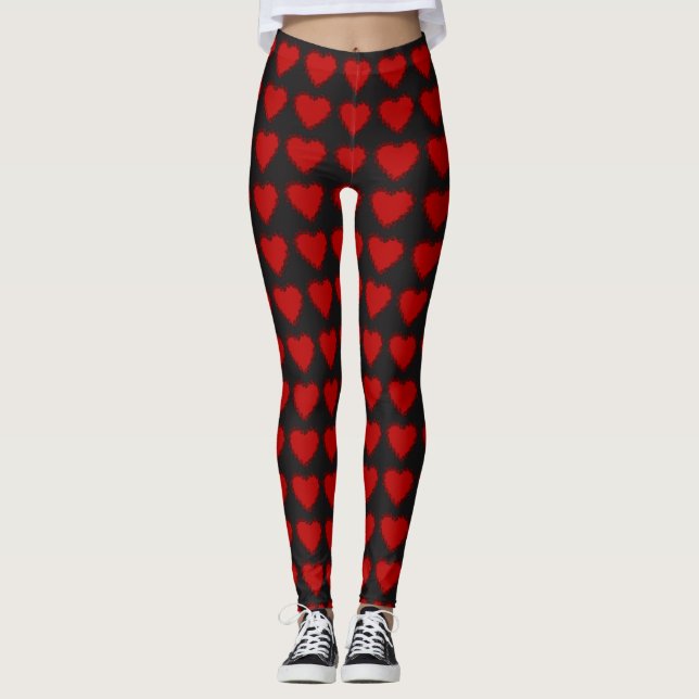 Leggings Cute Valentine Love Hearts Noir et Rouge (Devant)