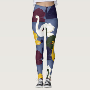Leggings Cygnes dessinés à la main, motif bleu du lac.