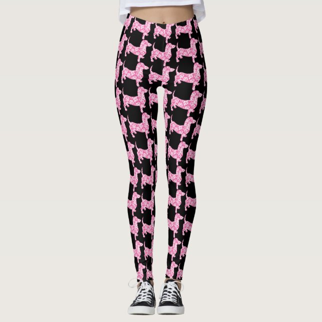 Leggings Dachshund aux fleurs hawaïennes roses (Devant)