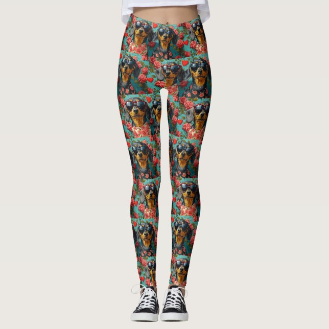 Leggings Dachshund avec coeur Roses Saint-Valentin (Devant)