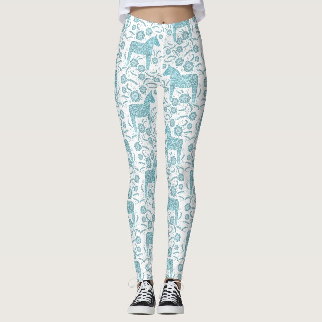 Leggings Dala Horse suédois Turquoise et Motif blanc (Devant)