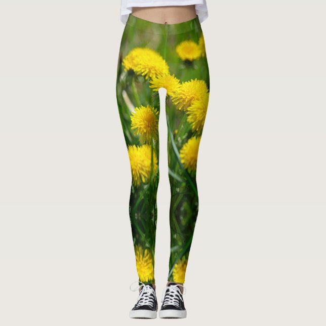 Leggings Dandelion Fleurs Dandelions Jaune Vert (Devant)