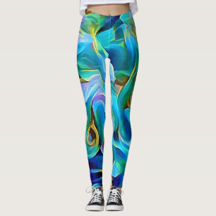 Leggings d'Art Abstrait Floral Bleu