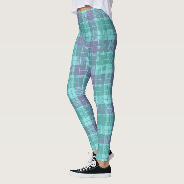Leggings d'art bleu violet d'Aqua Plaid Retro (Gauche)