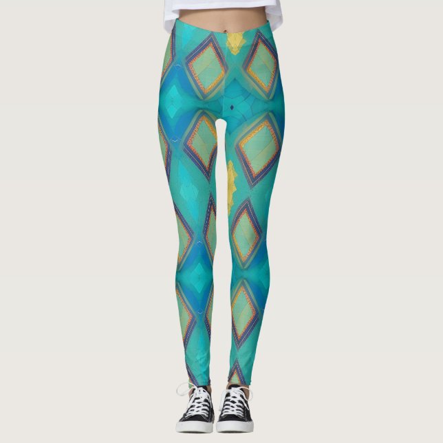 Leggings Décor géométrique mosaïque turquoise bleu or kitty (Devant)