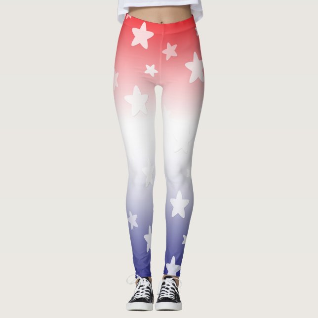 Leggings Dégradé rouge, blanc et bleu avec étoiles (Devant)