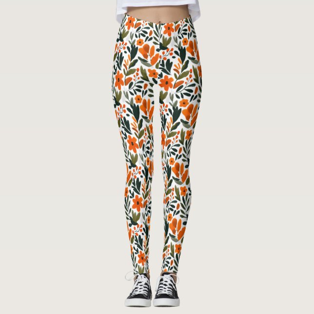 Leggings Delicate Spring Flowers Orange Floral Pattern  (Devant)