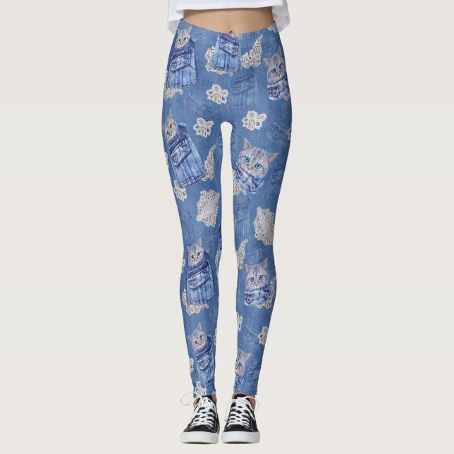 Leggings Denim Jean poches, chatons et dentelle (Devant)