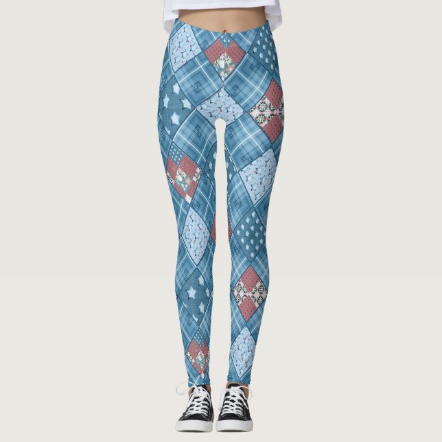 Leggings Dénim patchwork, patchwork, textile, motif bleu (Devant)