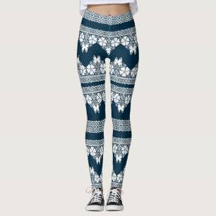 Leggings Dentelle blanche rétro avec papillons sur un bleu 