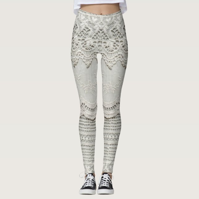Leggings Dentelle blanche subtile, gros plan textile. (Devant)