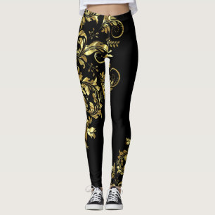 Leggings Dentelle florale noire et brillante Or Design asym