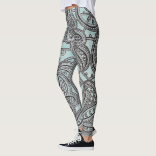 Leggings Dentelle noire fleurie et motif turquoise