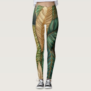 Leggings Design Feuille Tropical Vert Or Quilé