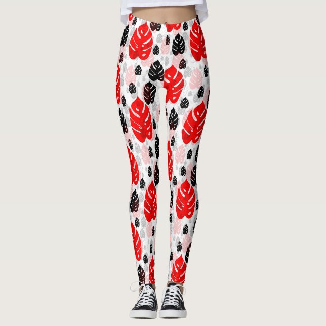Leggings Design Motif d'illustration de feuille noire rouge (Devant)