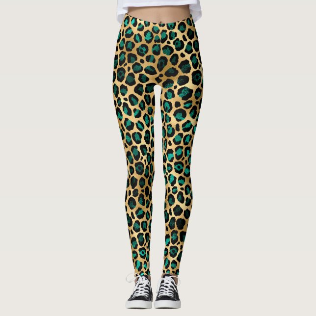 Leggings Design turquoise et Gold Leopard Series 14 (Devant)