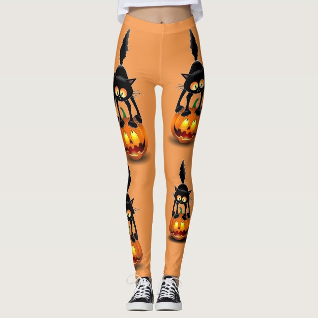 Leggings Dessin d'Halloween au chat effrayé sur Citrouille (Devant)