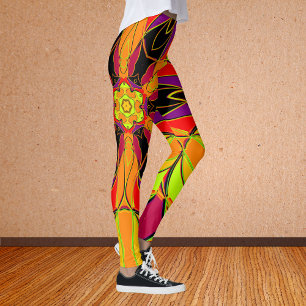 Leggings Dessin Mandala Fleur orange violet et rouge