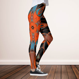 Leggings Dessin Mandala Flower bleu orange et noir