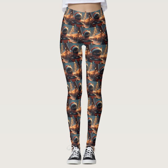 Leggings Dessous de verre noir à rouleaux de chat Noël (Devant)