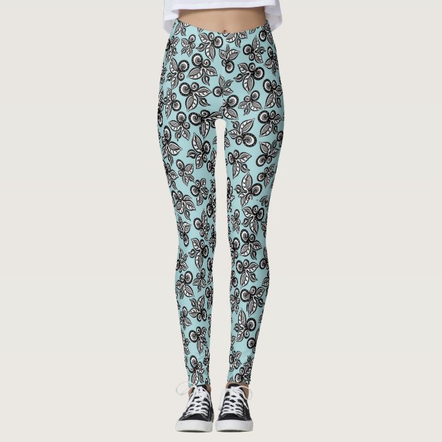 Leggings d'été avec Fleurs noires et blanches (Devant)