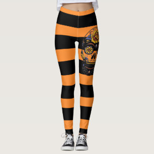 Leggings Dia De Los Muertos Orange Noir Et Sugar Crâne