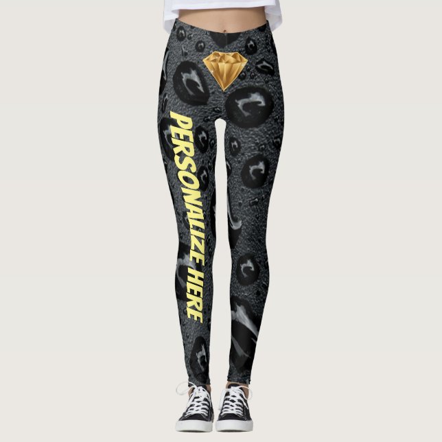 Leggings Diamant D'Or En Noir Personnalisé Designer Unique (Devant)