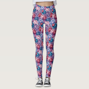 Leggings Disposition de fleurs bleues roses et violettes