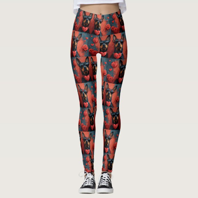 Leggings Doberman avec coeur Roses Saint-Valentin (Devant)