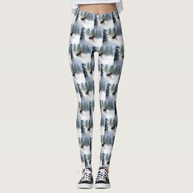 Leggings Doberman Pinscher neige de Noël hiver (Devant)