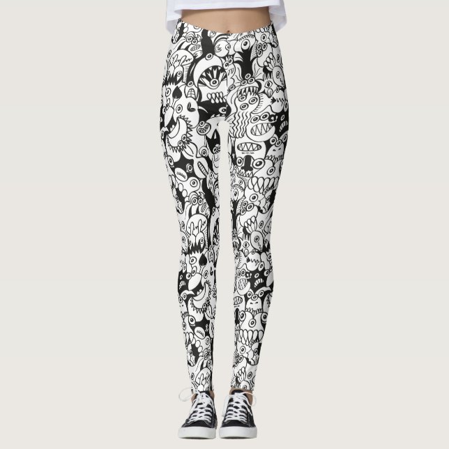 Leggings Doodles fous posant dans un design motif transpare (Devant)