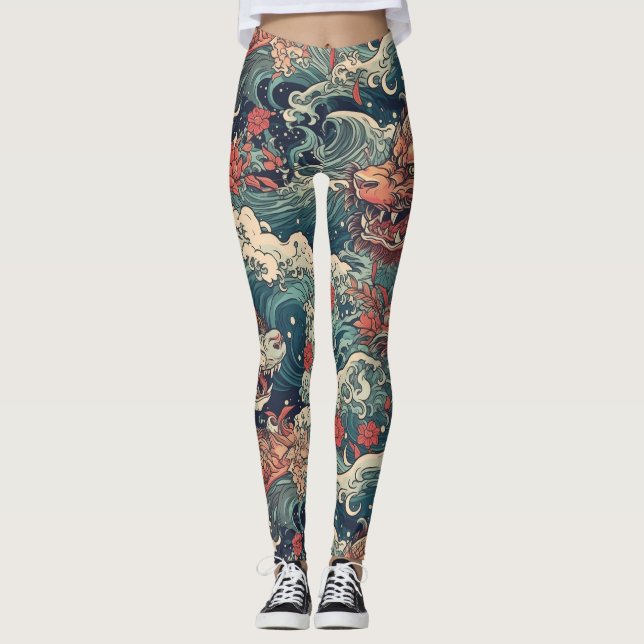 Leggings Dragons jumeaux japonais Tattoo Art (Devant)