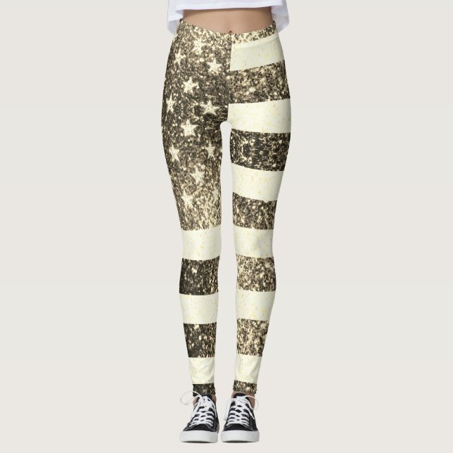 Leggings Drapeau rustique Sepia or Sparkles USA bling 4juil (Devant)