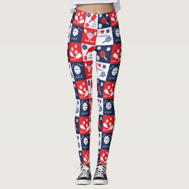 Leggings Drôle Motif de Picklleball - Rouge-Blanc-Bleu (Devant)