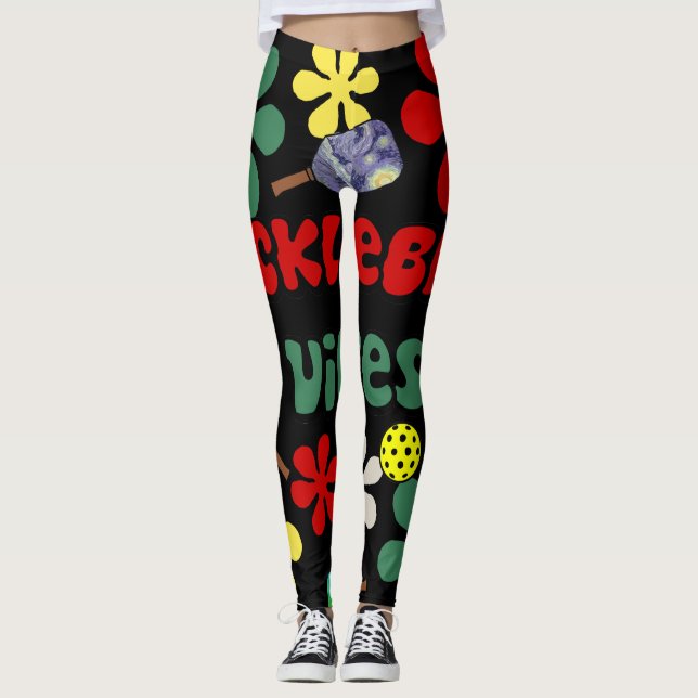 Leggings Drôle Vibes de Pickleball Retro Fleurs Art (Devant)
