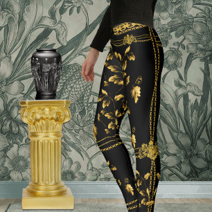 Leggings Duchess Gold Leaf Chain Lion Emblem Black Riding