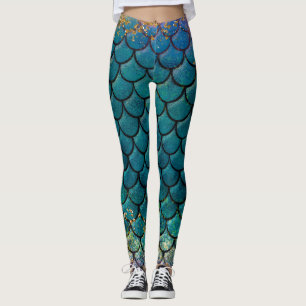 Leggings Écaille de Poisson Sirène Glam Turquoise Violet Or