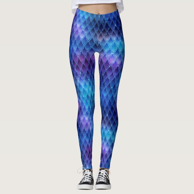 Leggings Écales de dragon bleues et argentées scintillantes (Devant)