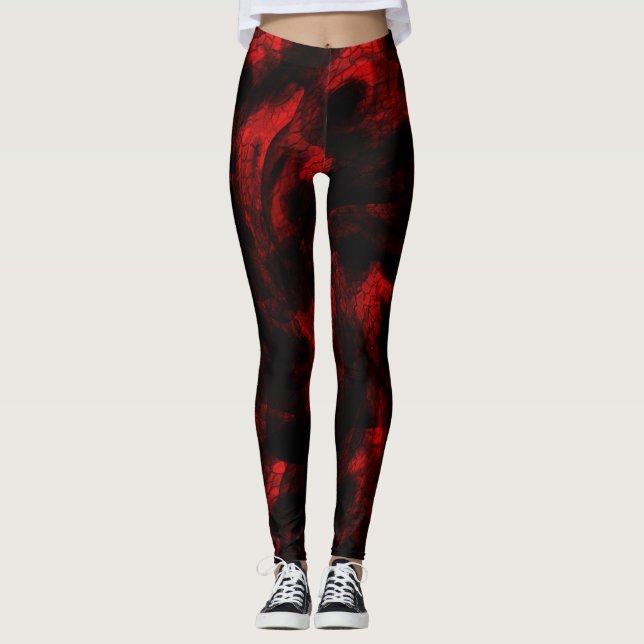 Leggings Échelles rouges sang de dragon sur le noir (Devant)