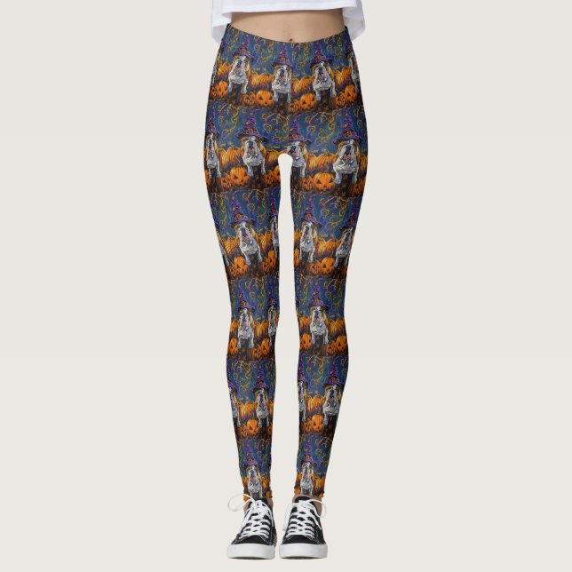 Leggings Éffrayant Bulldog Halloween sorcière et Citrouille (Devant)
