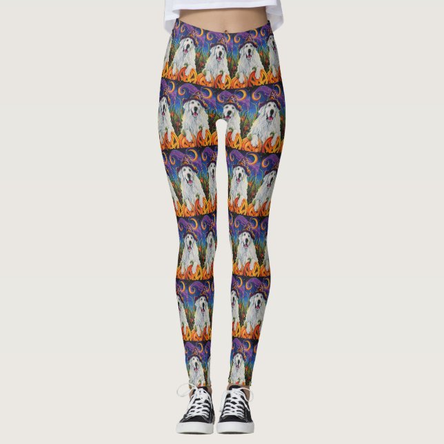 Leggings Éffrayant Grand Pyrénées Chien Halloween Citrouill (Devant)