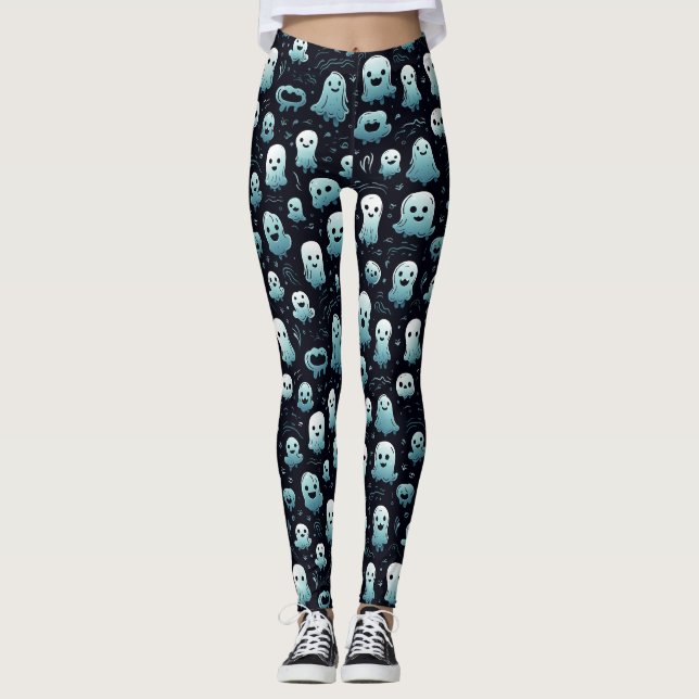 Leggings Éffrayant Halloween Petits Fantômes Bleu Blanc et  (Devant)