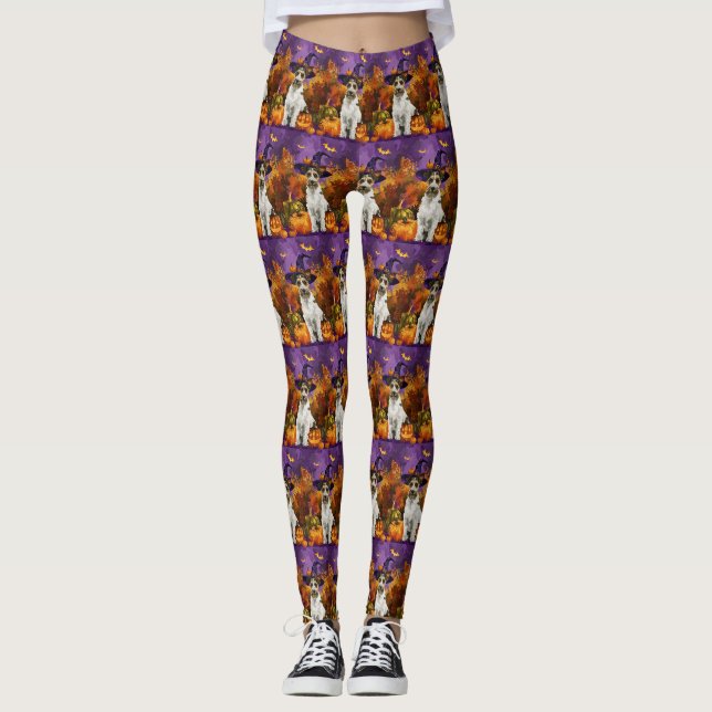 Leggings Éffrayant Wirefox Terrier Chien Halloween Citrouil (Devant)